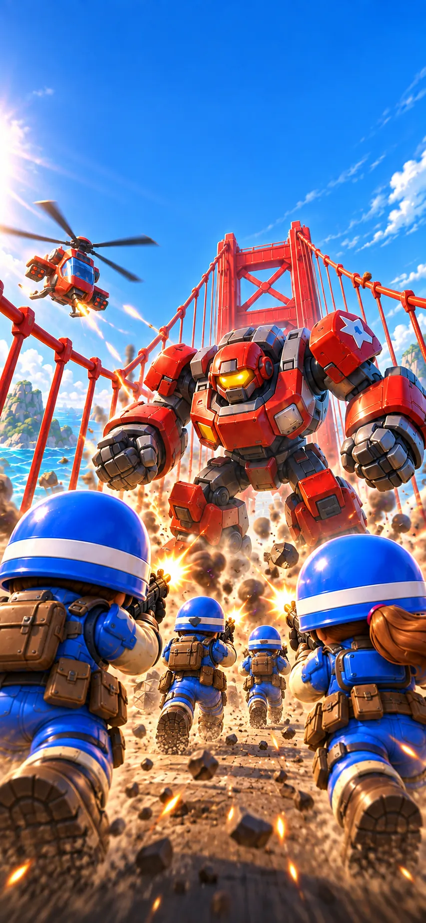 A blue squad charges a giant red robot across a red suspension bridge while a red helicopter fires from above.