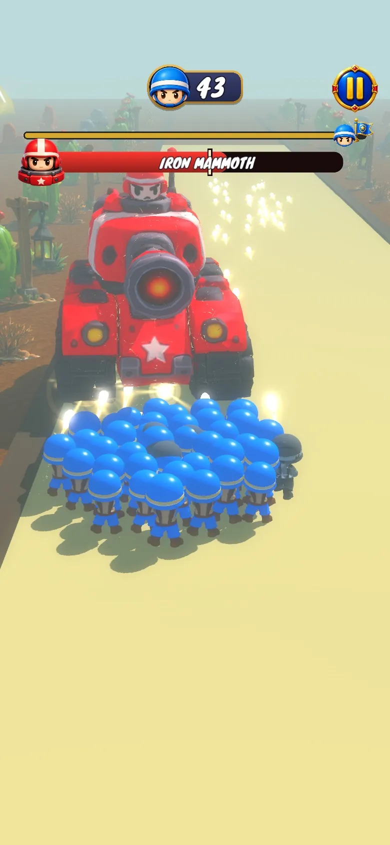 The Iron Mammoth, a giant red tank, aims its cannon at the squad while its health bar shows at the top.
