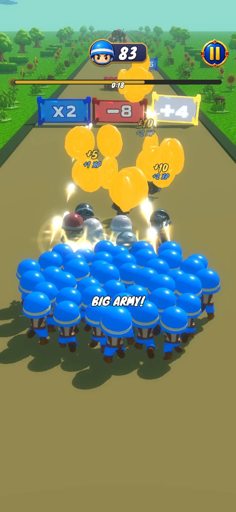 The blue squad collides with a red squad as gold coins burst from the fallen and a Big Army banner appears.