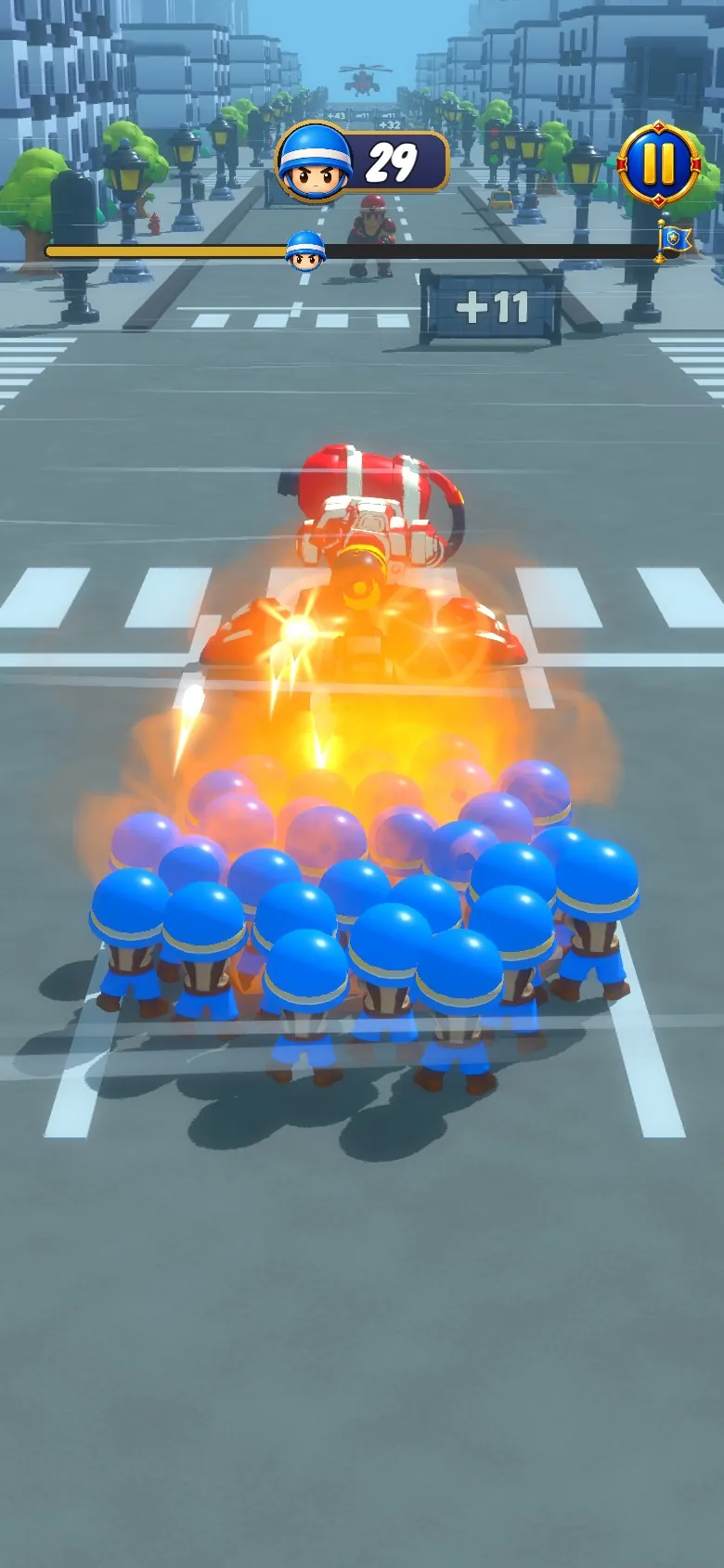 A flame turret in a city street blasts fire into the front of the squad.