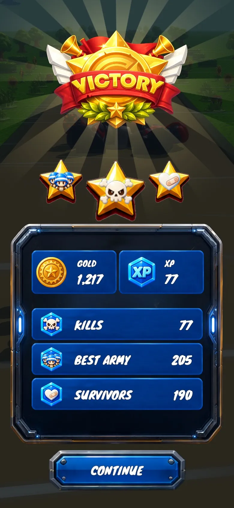 The victory screen: three stars, 1,217 gold, 77 kills, a best army of 205 and 190 survivors.